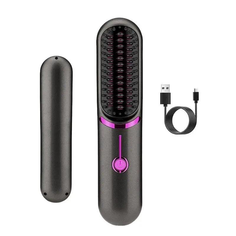 The UNIQ 2-in-1 Straightening Brush with Ceramic Plates in black and pink features fast heating, USB-C charging, a protective cover, and offers smooth, sleek hair styling results.