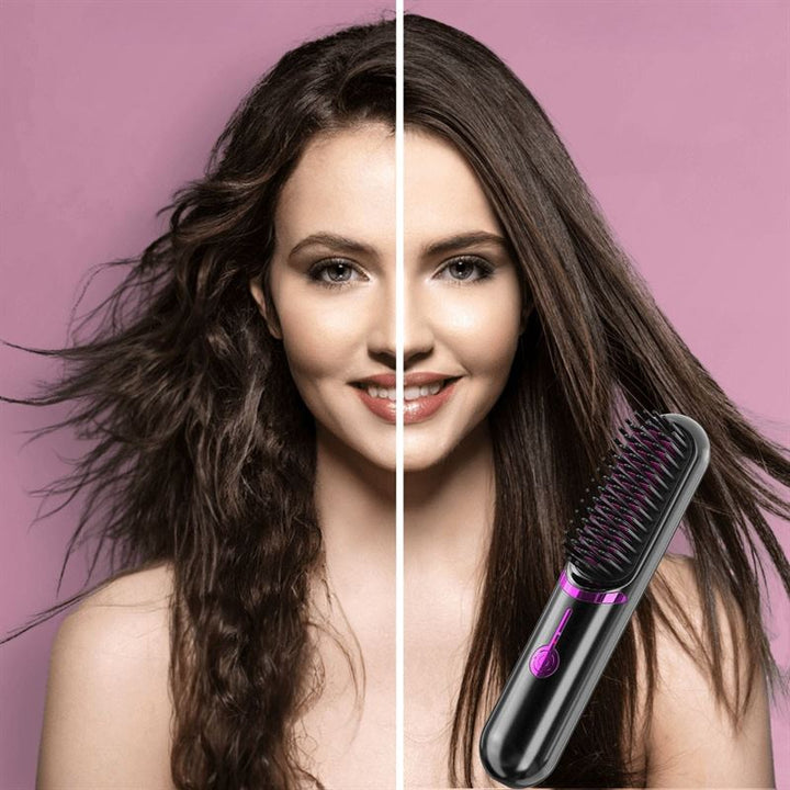 A woman with brown hair is split down the middle: the left side is frizzy and wavy, while the right is smooth and straight from using the UNIQ 2-in-1 Straightening Brush with Ceramic Plates, shown in front of her, featuring fast heating and USB-C charging.