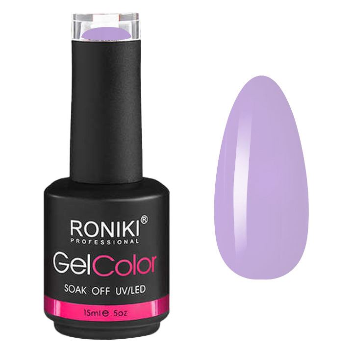 A bottle of UNIQ Gel Color nail polish is shown beside glossy pastel purple swatch nails. The sleek black bottle with a pink and white label complements the UNIQ Nail Starter Kit: Complete Gel Nail Set with 80W UV/LED Dryer.