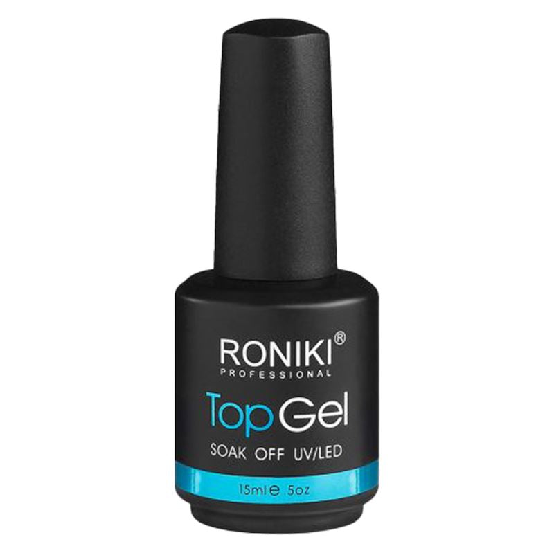 A black bottle from the UNIQ Nail Starter Kit: Complete Gel Nail Set with 80W UV/LED Dryer—professional top gel for gel nails, labeled Soak Off UV/LED, blue accent at the bottom, 15ml; ideal with any UV/LED lamp.