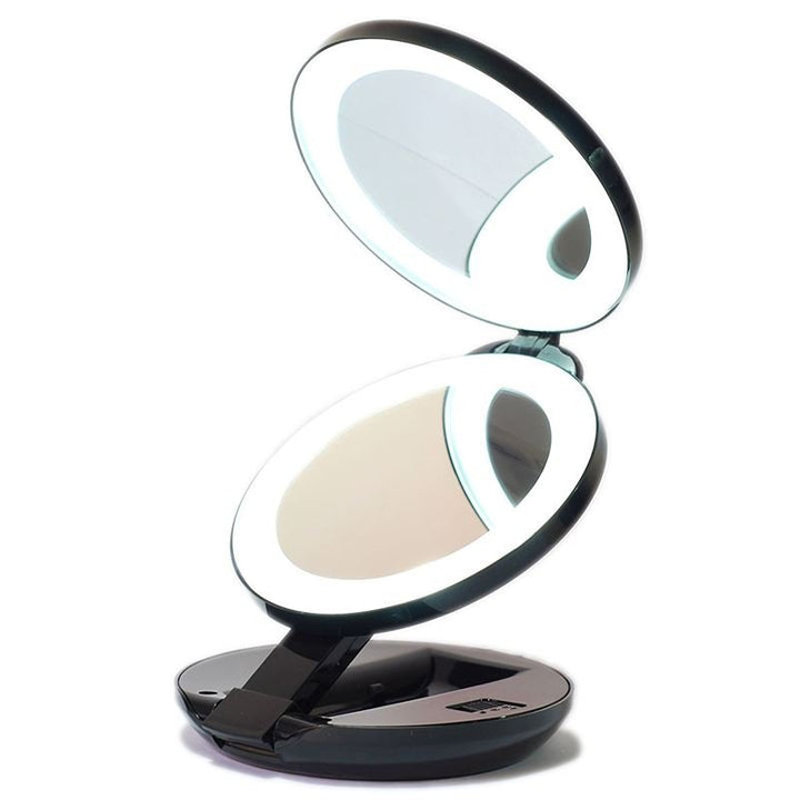 Compact double travel mirror with LED (10x magnification) - Black - | Fashiongirl