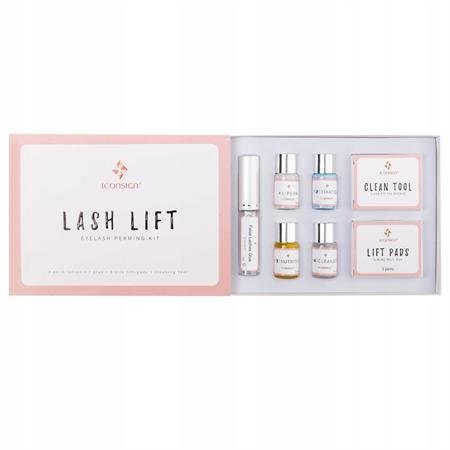 The Lash Lift Kit by IconSign from Fashiongirl includes lift pads, clean tools, small bottles, and a tube in a pink and white box—everything you need for at-home or salon-quality eyelash perm treatments.