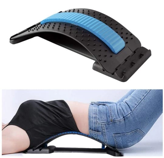 The Fashiongirl Pro Back Stretcher, shown alone with a blue pad, is also demonstrated by a person wearing a black shirt and blue jeans using it for lumbar support and posture correction.