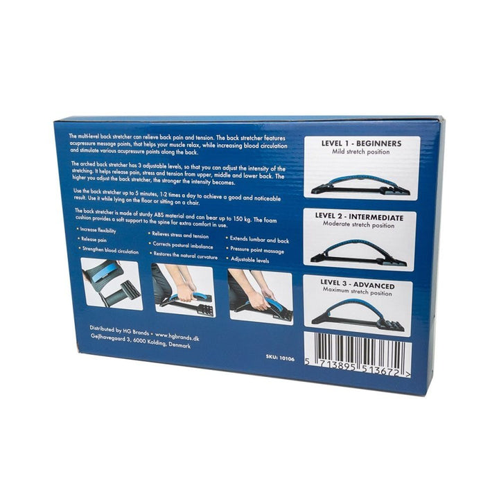 A blue box displays usage instructions for the Fashiongirl Pro Back Stretcher, showing three labeled diagrams—beginner, intermediate, advanced—to aid pain relief and posture correction. Text outlines product features and benefits.
