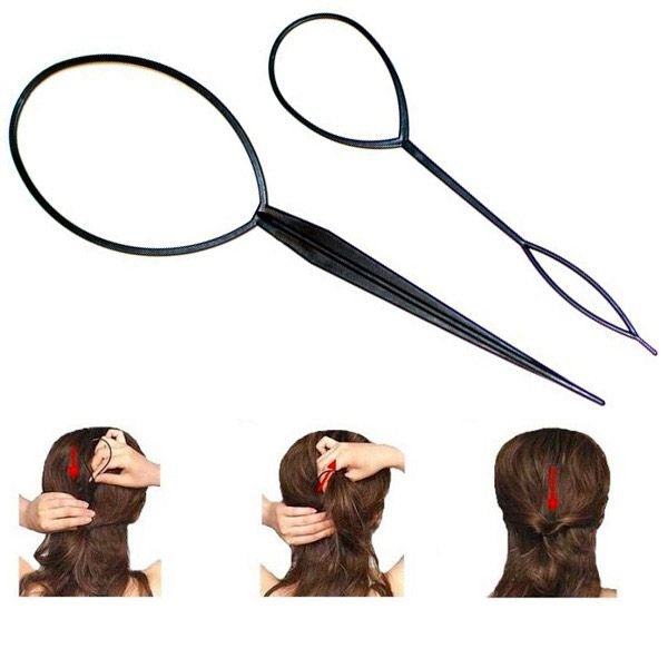 The Fashiongirl Topsy Tail Hair Styling Tool 2 Piece Set is shown above three images demonstrating step-by-step how to use the tool to create a twisted updo with long brown hair, guided by red arrows.