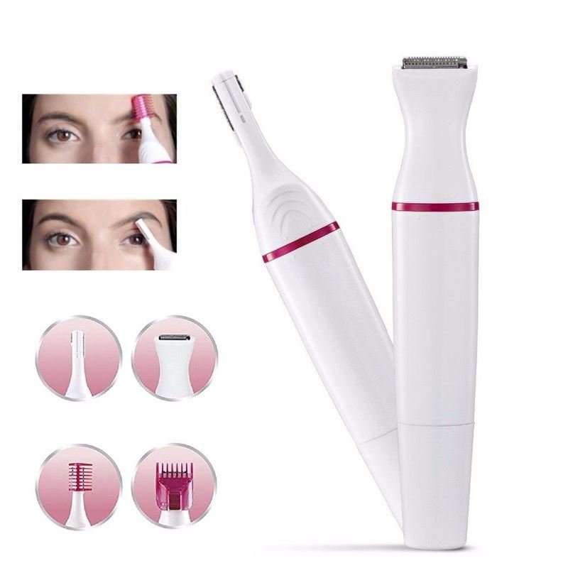The UNIQ 5-in-1 Trimmer for Eyebrows, Nose, Bikini Line, and Face Epilator by UNIQ is shown in white and pink with attachments. Close-ups show a woman using the precision trimmer. Four icons highlight its versatile attachments.