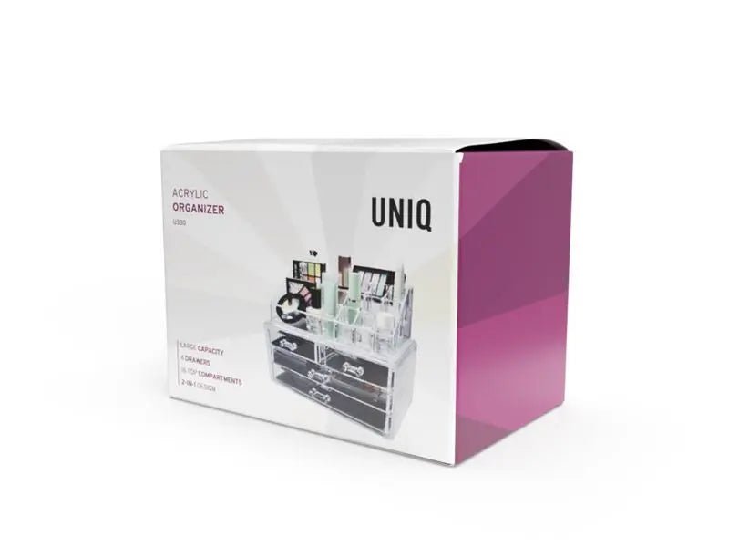 A product box for the UNIQ Acrylic Jewelry/Makeup Organizer with 4 Drawers - SF 1155 is shown, featuring an image of the organizer filled with cosmetics and accessories, highlighting its large capacity and stylish white and pink design.