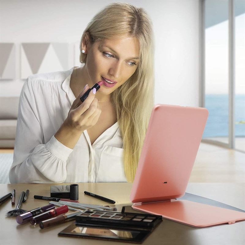 UNIQ Foldable Rechargeable LED Mirror - Vanity Travel Mirror - Pink - Mirror