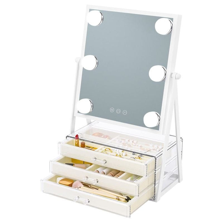 UNIQ Glasgow Vanity Makeup Mirror with 6 LED Bulbs and 3 Jewellery Storage Drawers - | Fashiongirl