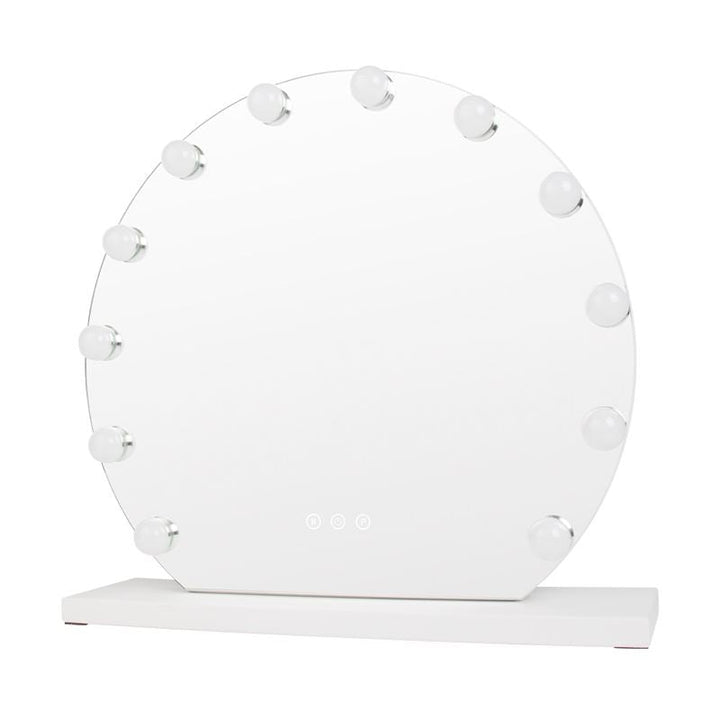 The UNIQ London Round Make-up Mirror by UNIQ features a white base, 12 LED bulbs, and touch controls—perfect for flawless makeup application.