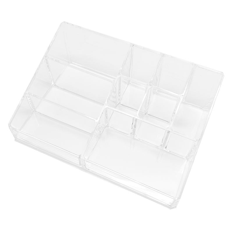 The UNIQ Make Up Acrylic Organiser - SF-1611D (U304) by UNIQ features nine clear compartments in various sizes—ideal for sorting accessories or makeup—and is shown from above on a white background.