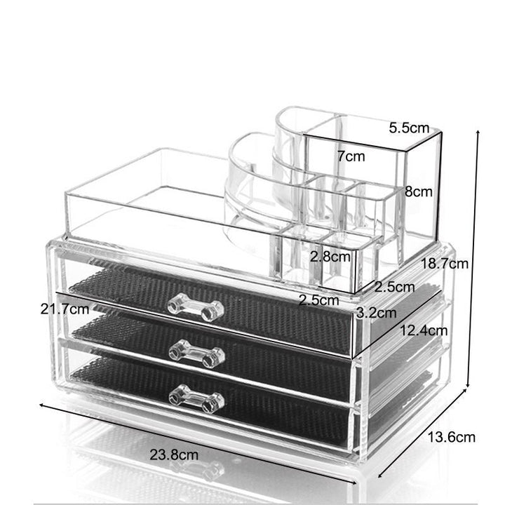 The UNIQ Makeup Organiser SF-1303 (U320) by UNIQ features 3 drawers and top compartments, ideal for storing makeup or jewellery. Measurements: 23.8 cm (W) × 13.6 cm (D) × 21.7 cm (H), with detailed compartment sizes shown in the image.