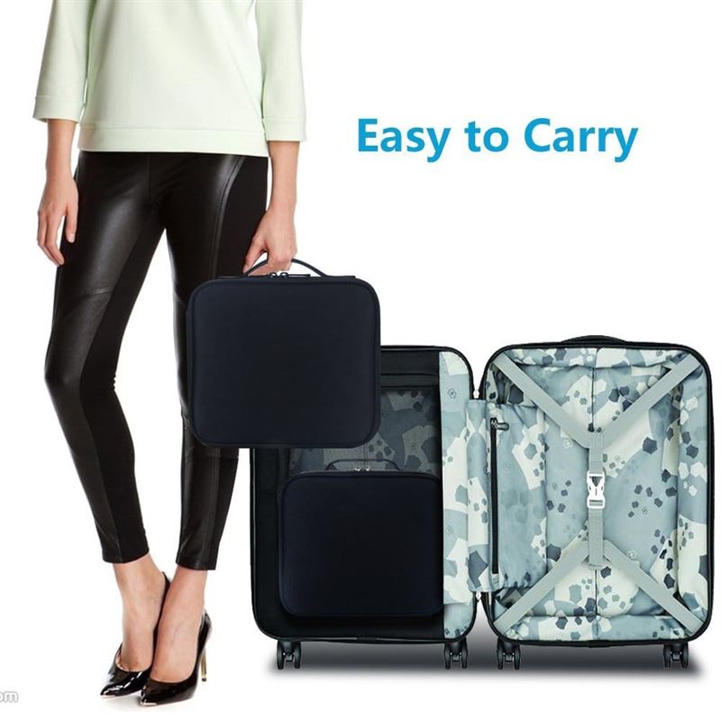 A woman in black leggings and heels holds the UNIQ makeup travel bag—Toiletry/Cosmetic bag for all your makeup. Beside her, an open suitcase with adjustable compartments keeps items organized. Blue text reads: Easy to Carry.