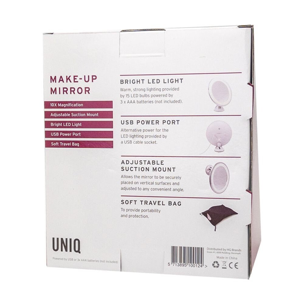 UNIQ Round Mirror with LED Light and Suction Cup x10 Magnifying Mirror - White - | Fashiongirl