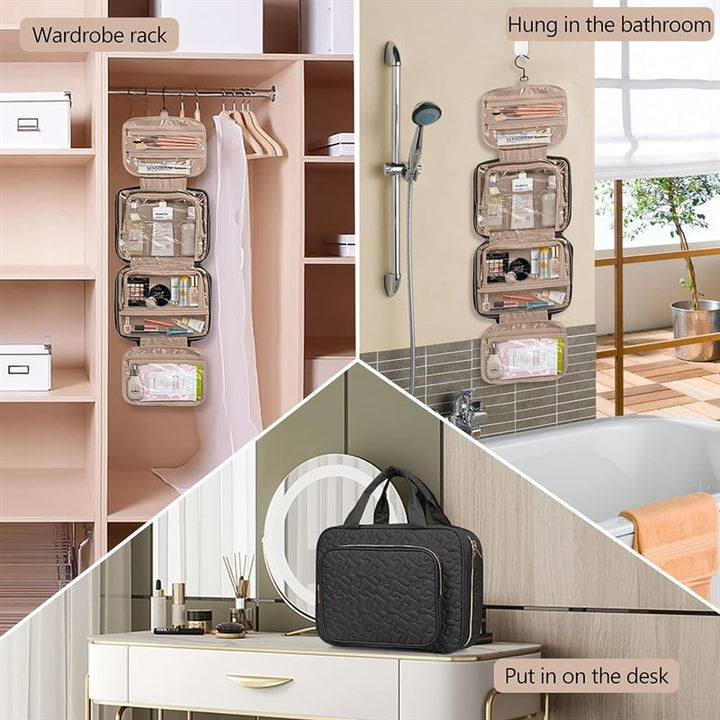 The UNIQ Travel Toiletry Bag with Hanging Hook—featuring 4 waterproof compartments—is shown on a wardrobe rack, bathroom wall, and desk, organizing toiletries efficiently for any travel or home setting.