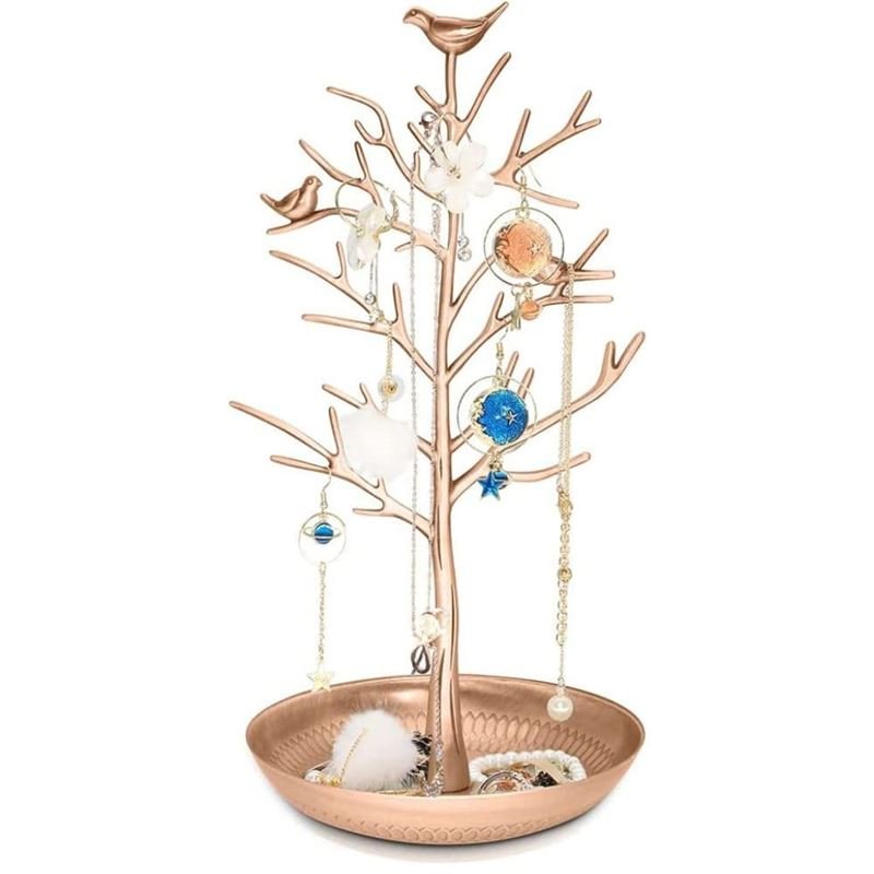 The UNIQ Bronze Vintage Jewelry Tree with 3 Birds is a stainless steel organizer stand for necklaces, bracelets, and earrings, featuring a round tray base for extra storage—a charming addition to your jewelry collection.
